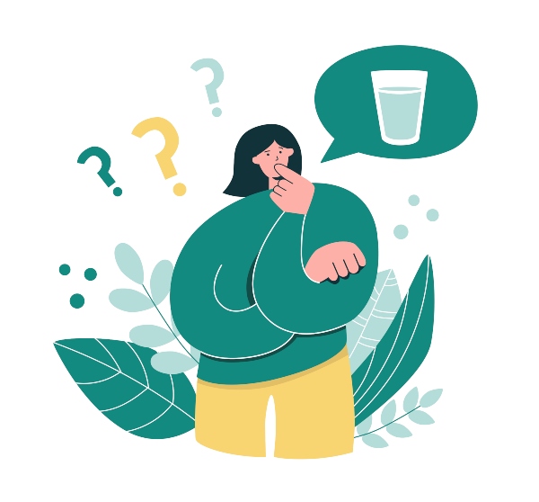 A cartoon character surrounded by question marks scratches her head that has a thought bubble over it with a glass of water.